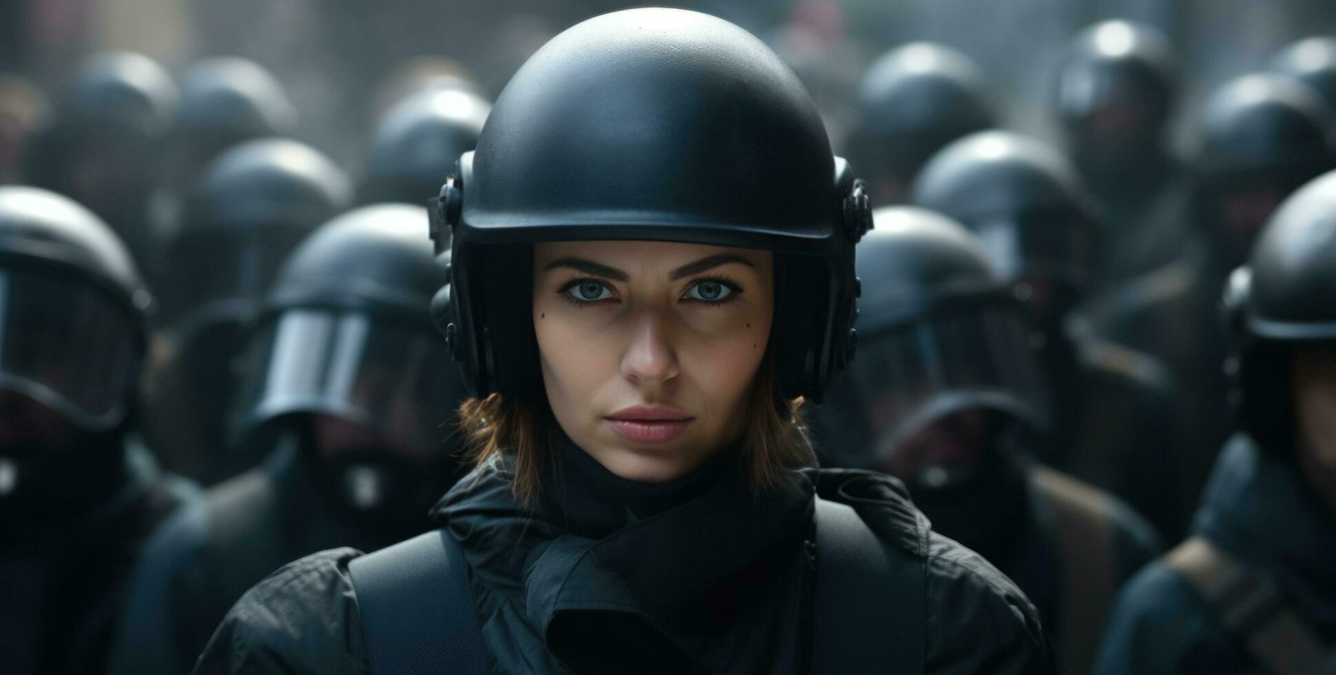 AI generated a woman in a helmet and an armed protest photo