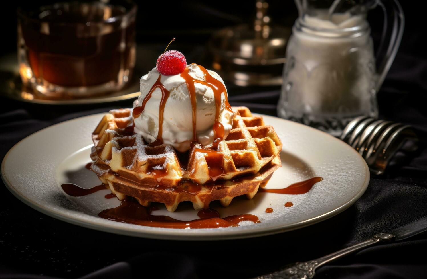 AI generated a waffle with white gel ice cream and syrup, photo