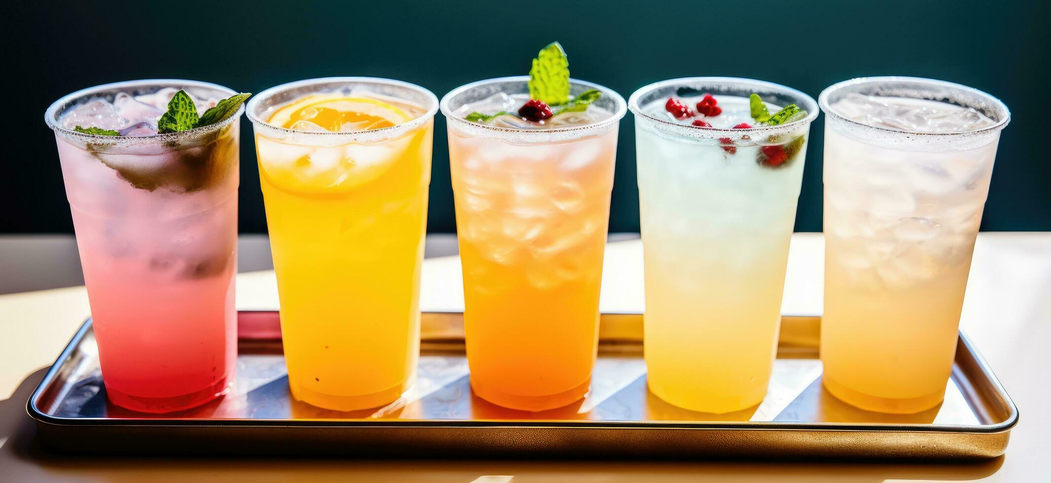 AI generated a selection of colorful drinks sit on a tray photo