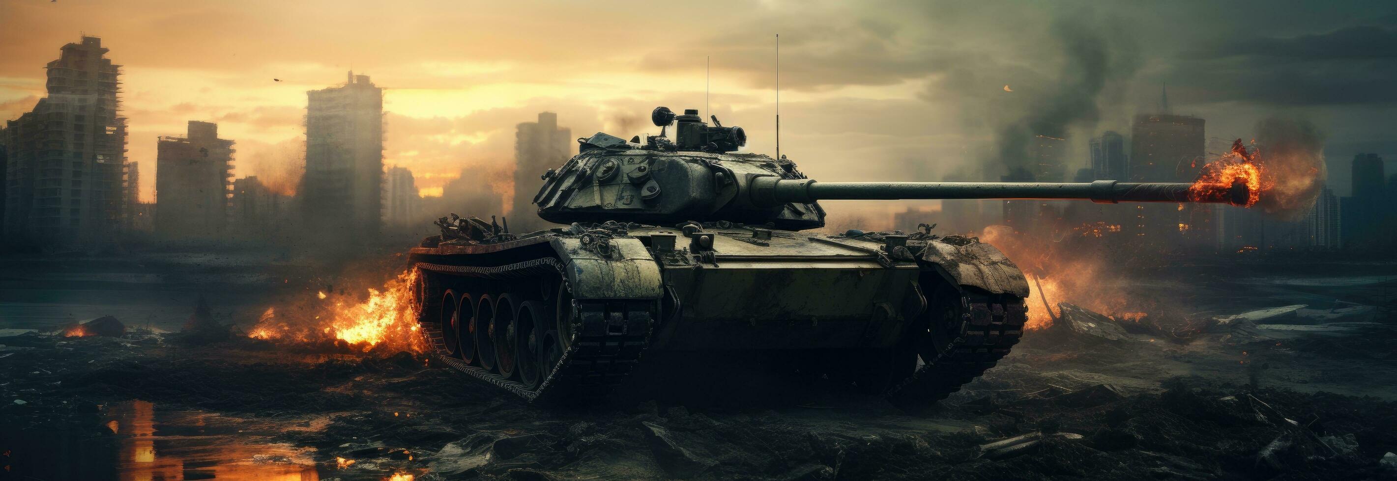 AI generated a tank drives on a city with buildings photo