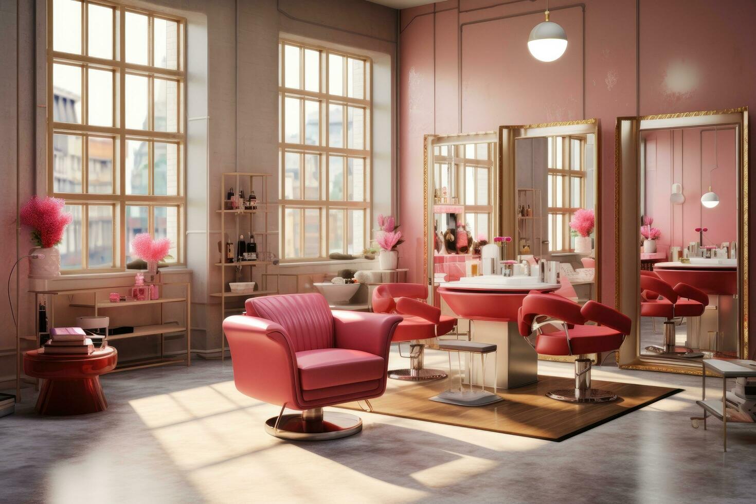 AI generated a salon room with pink furniture and chairs photo