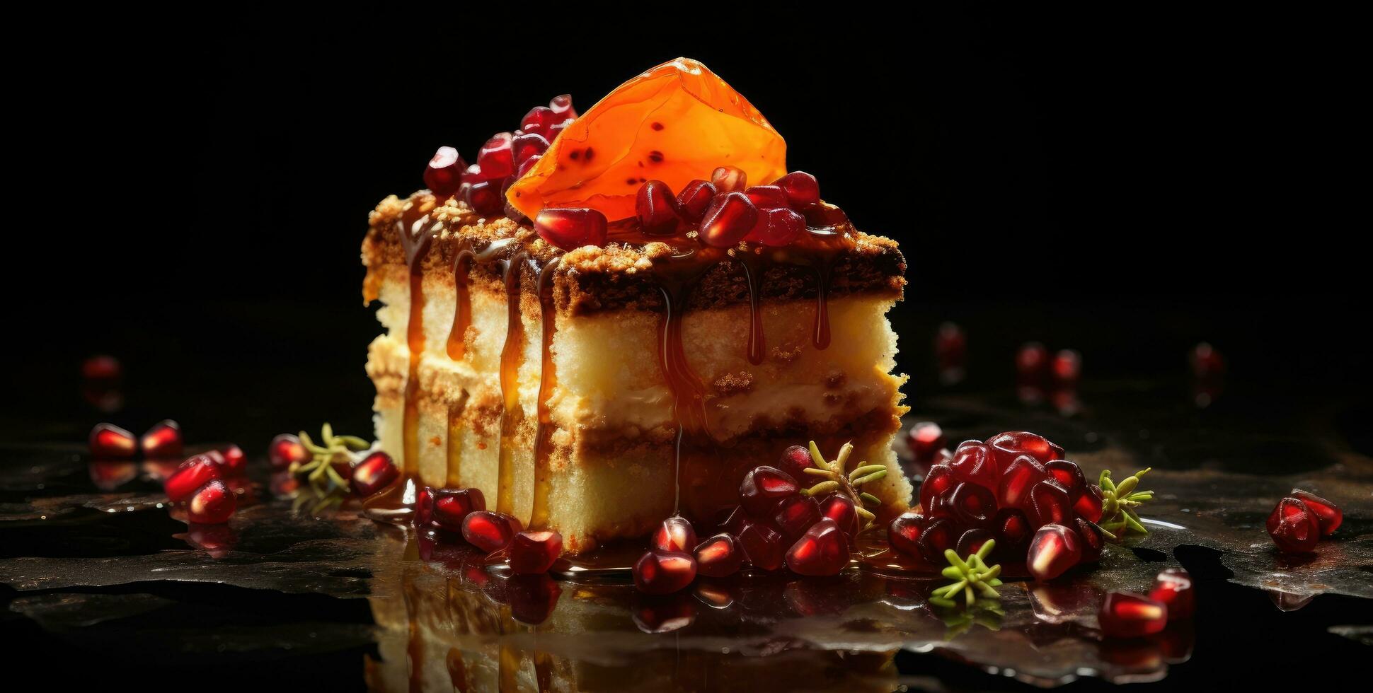 AI generated a piece of desert with pomegranate, almond sprinkled on top photo