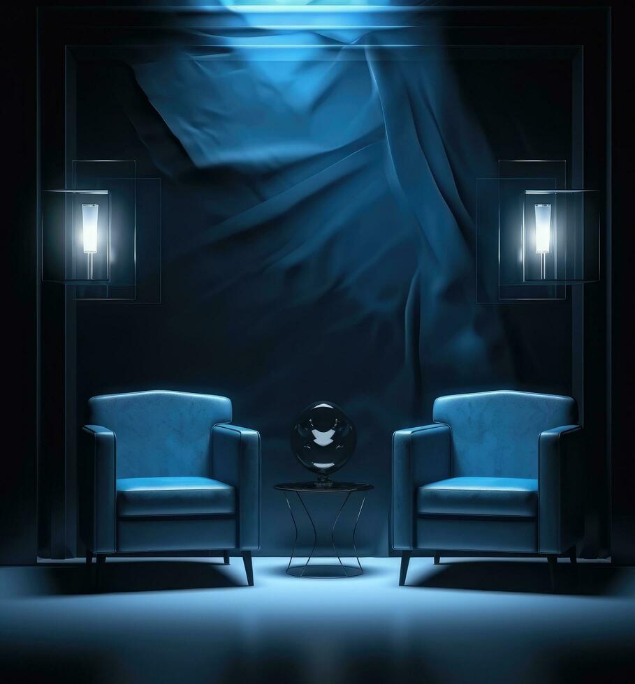 ai generado un habitación con sillas y un azul lámpara para un oscuro noche foto