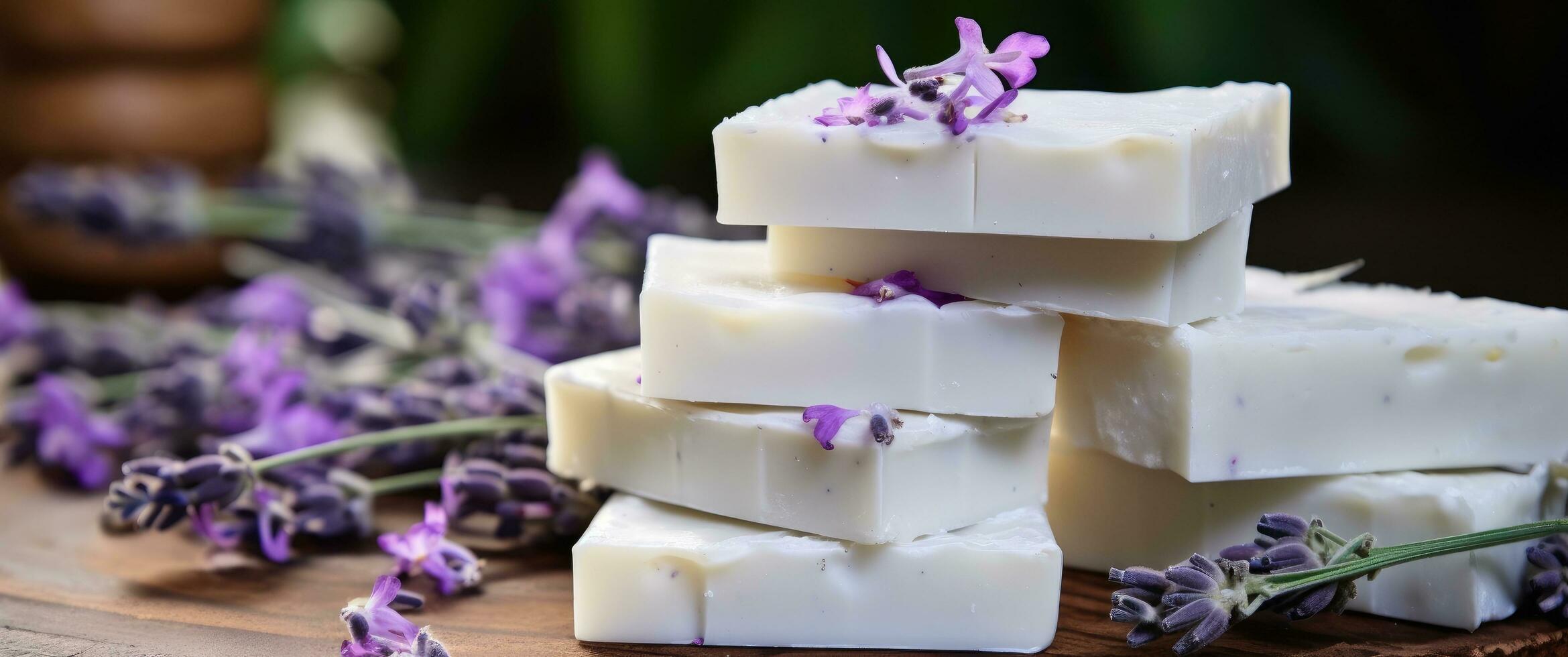 AI generated a stack of white soap blocks arranged on a table with purple flowers photo