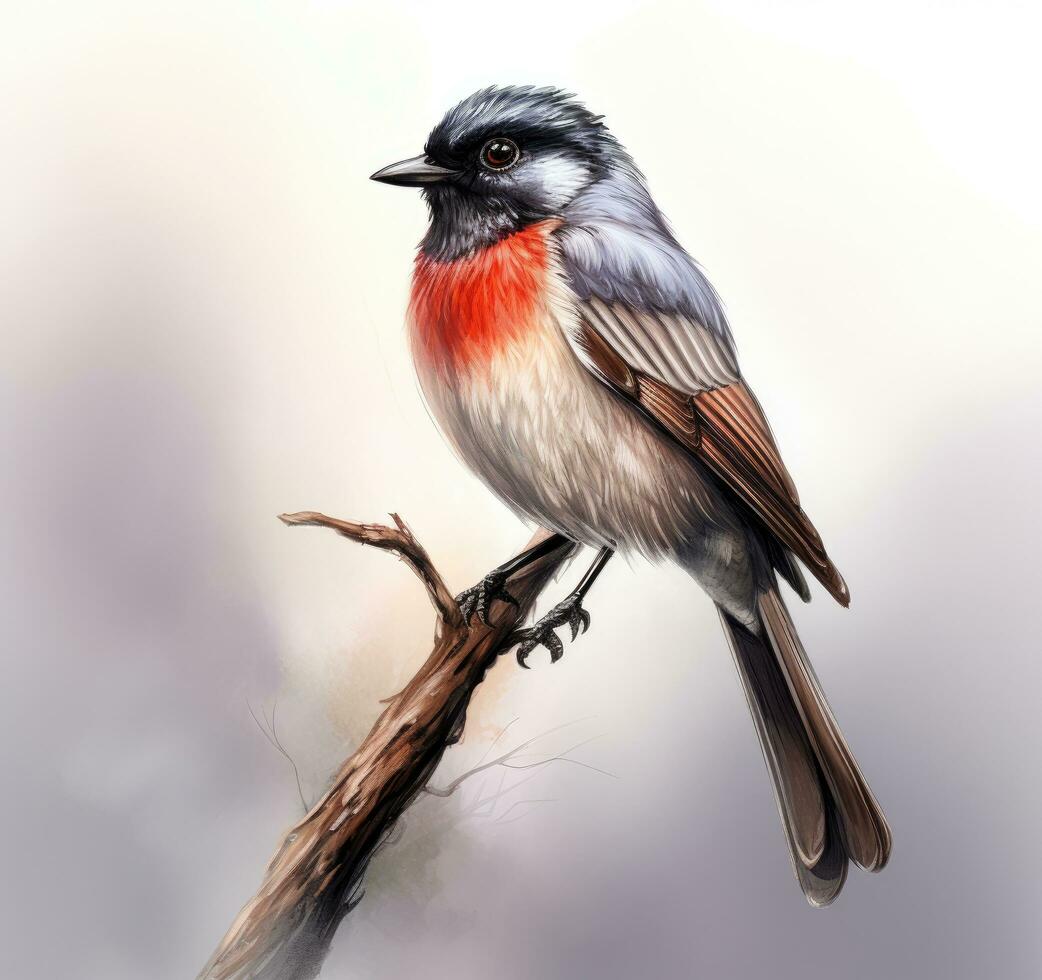 AI generated a small bird with a red and black body and orange eyes photo