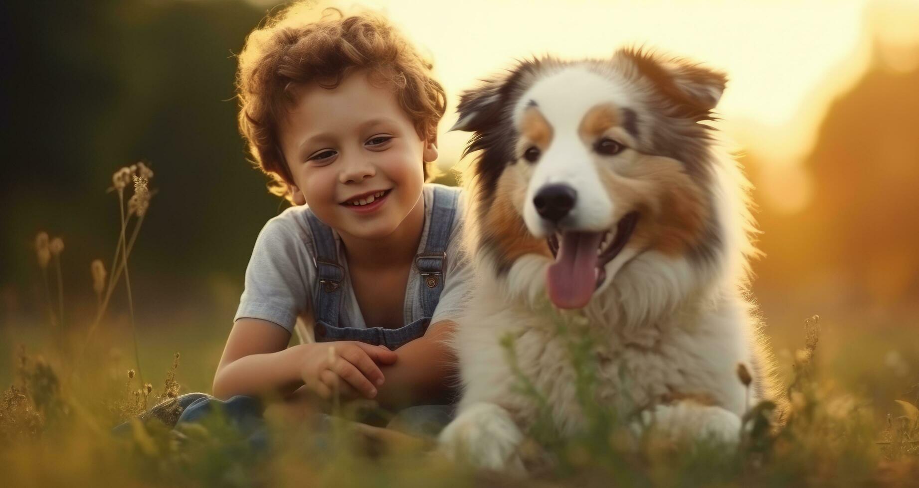 AI generated a little boy plays with his dog photo