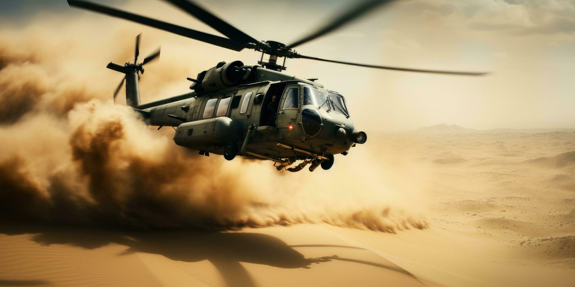 AI generated a military helicopter flying over the sand photo