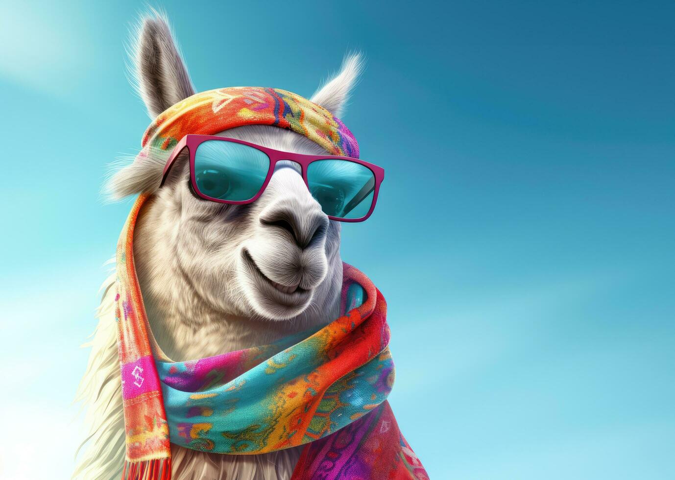 AI generated a llama dressed up in bright colored sunglasses and a scarf photo