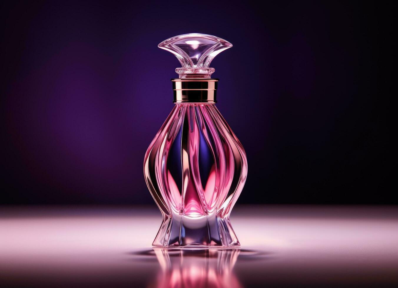 AI generated a dark image of a perfume bottle with purple glowing light photo