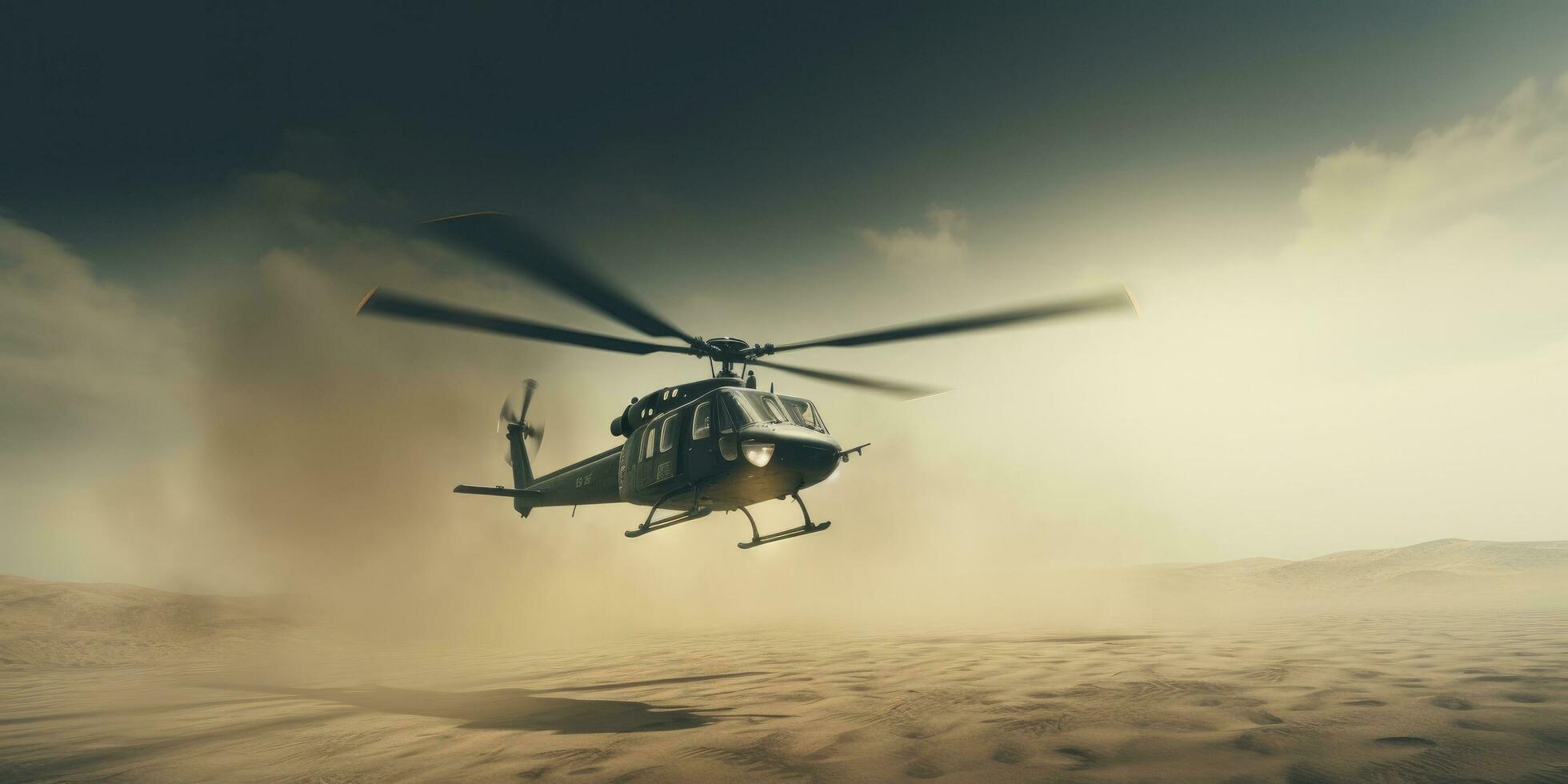 AI generated a helicopter flies over a sand military photo