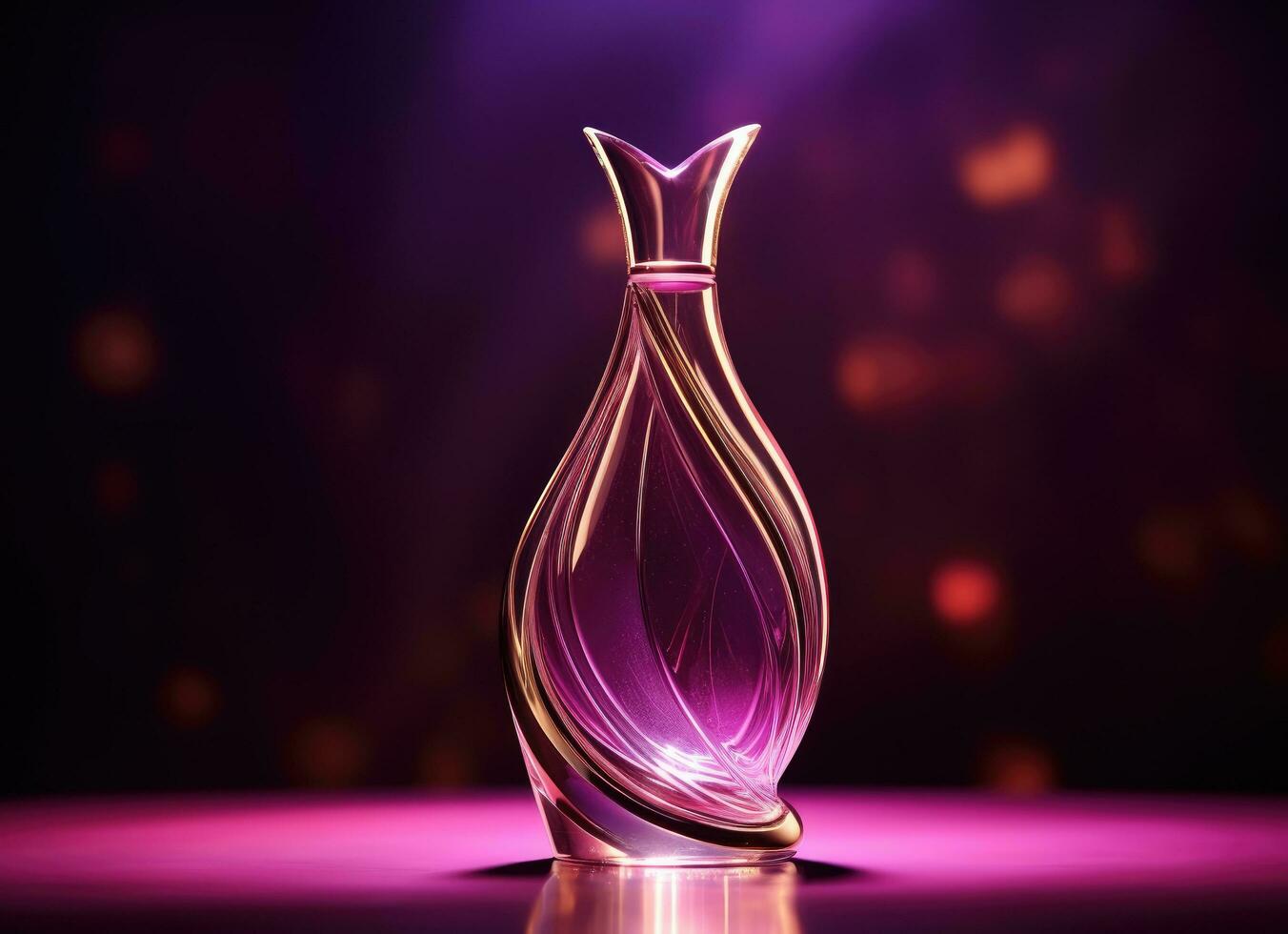AI generated a dark image of a perfume bottle with purple glowing light photo