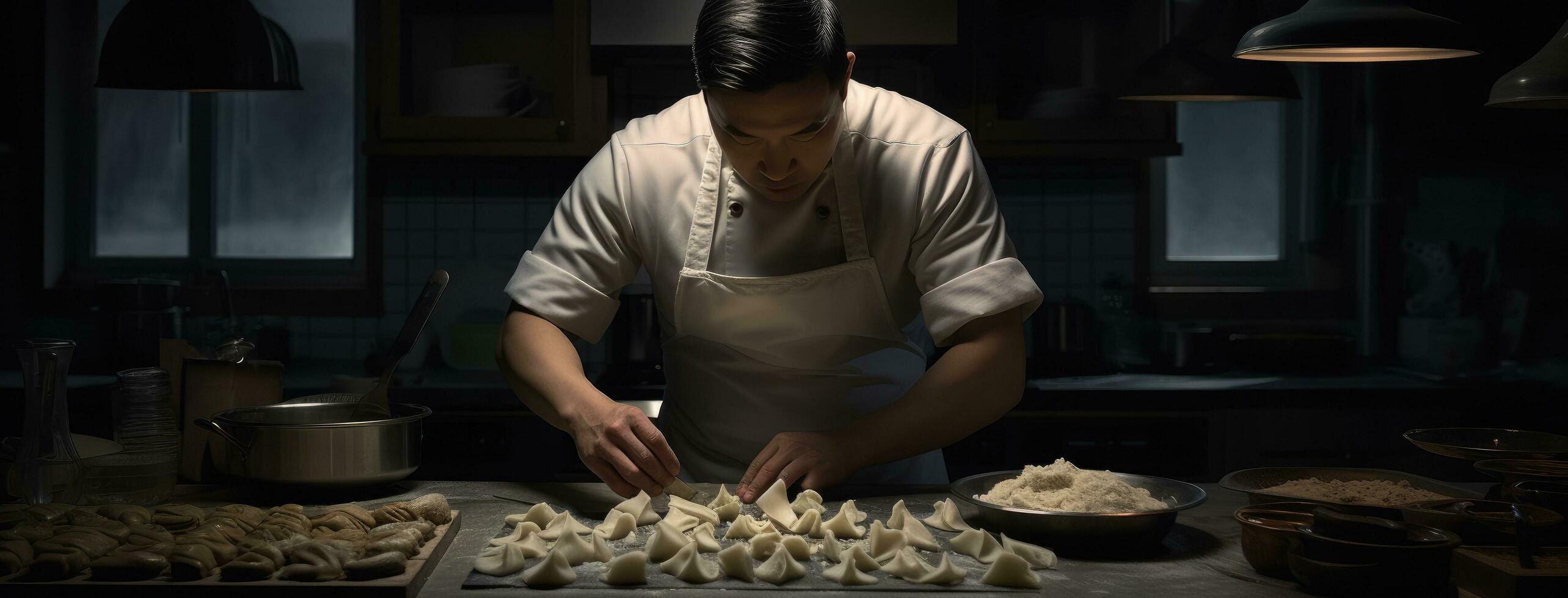 AI generated a kitchen worker is preparing dumplings photo