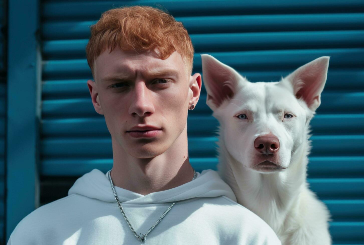 AI generated a young man is standing next to a white dog photo