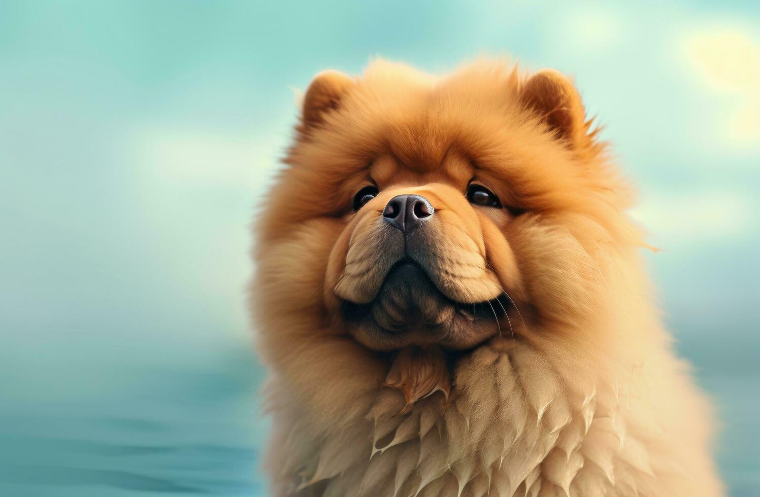 AI generated a chow chow is looking at some water on a green background photo