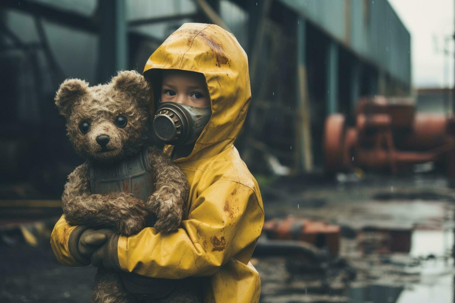 AI generated a child wearing protective gear carrying a bear photo