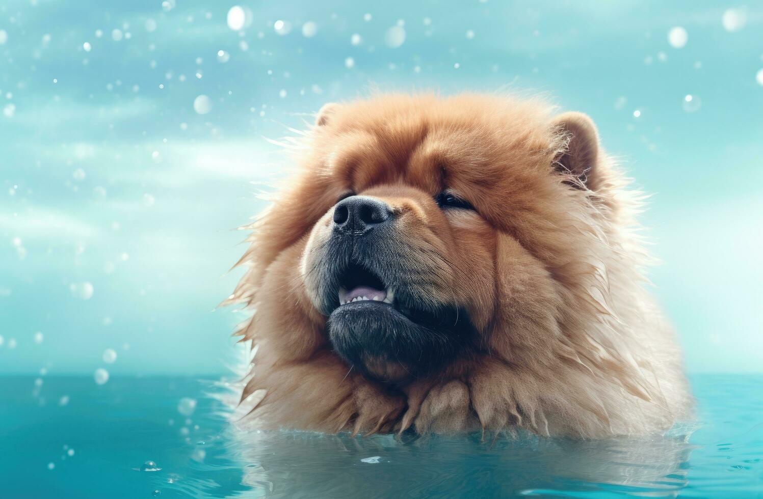 ai generado un perro chino perro chino es mirando a algunos agua en un verde antecedentes foto