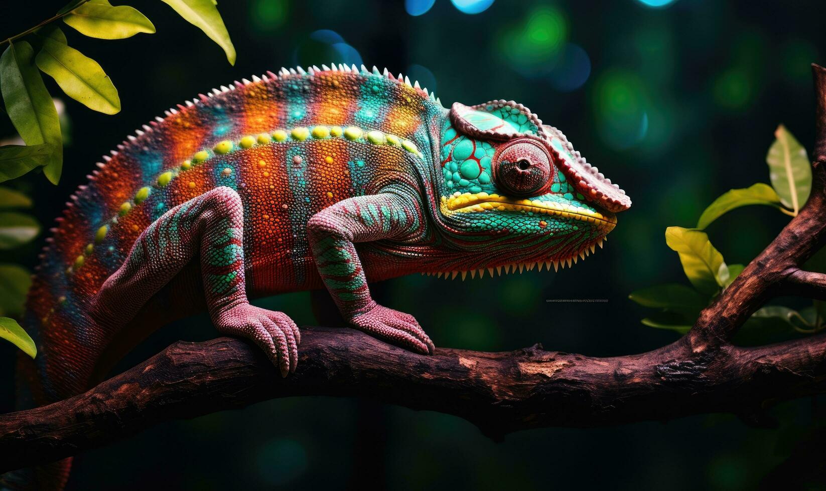 AI generated a chameleon is perched on a tree branch photo