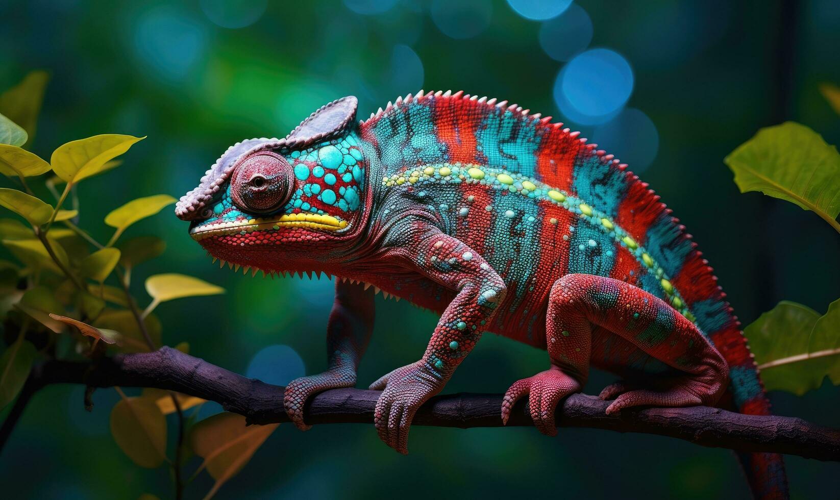 AI generated a chameleon is perched on a tree branch photo