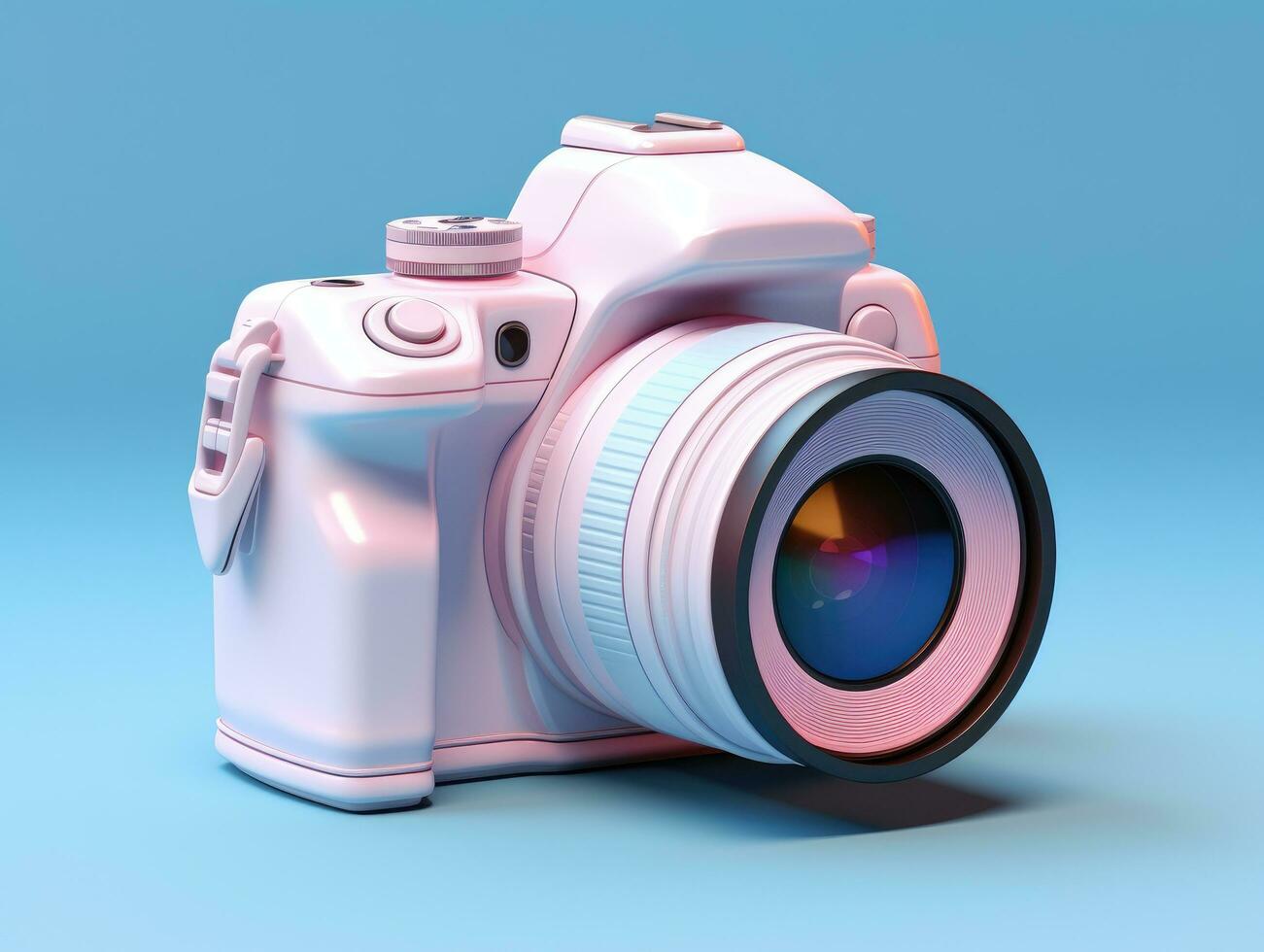 ai generado un digital cámara sentado en un azul antecedentes foto