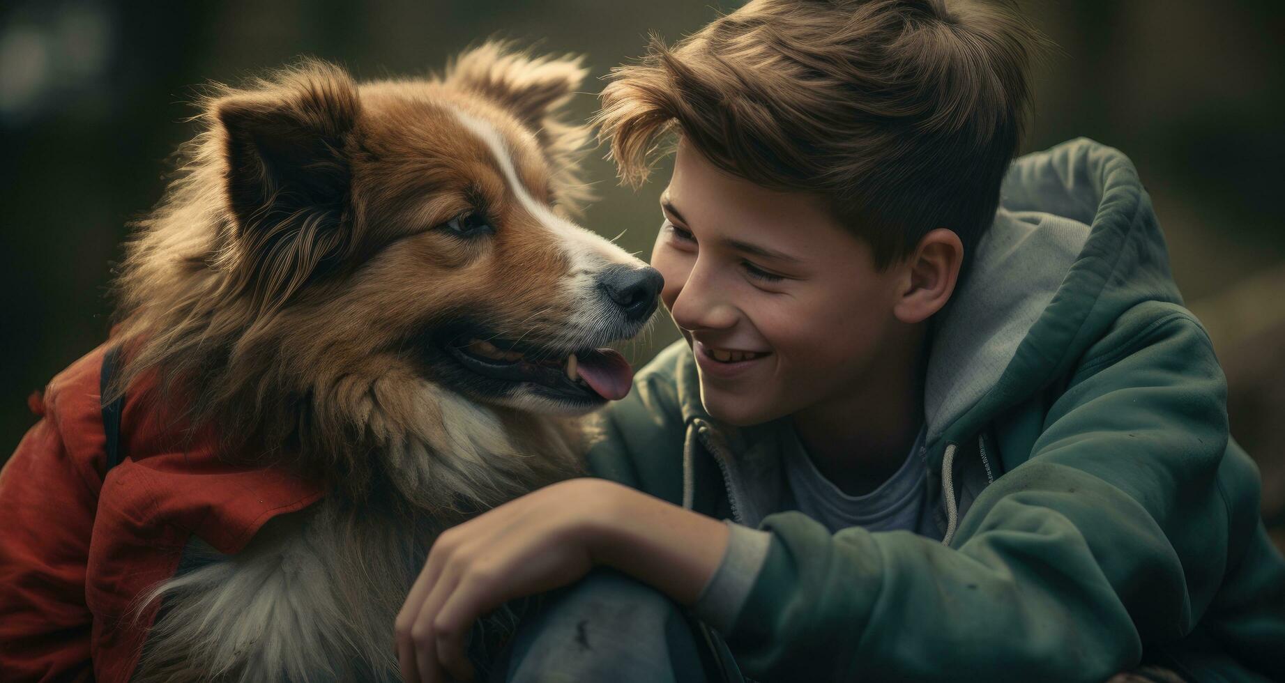 AI generated a boy and his dog smiling at each other photo