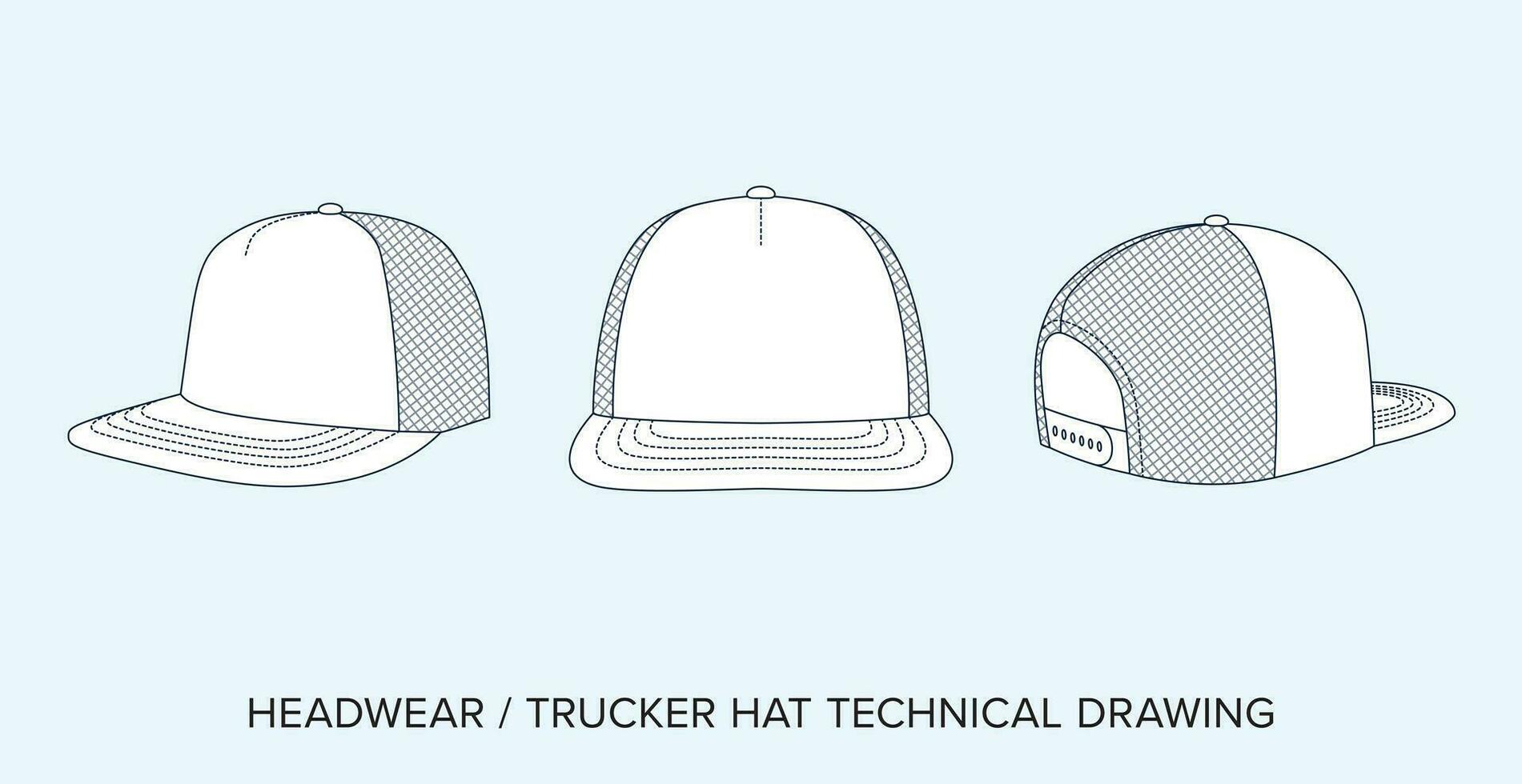 Snapback Trucker Cap, Technical Drawing, Apparel Blueprint for Fashion Designers vector