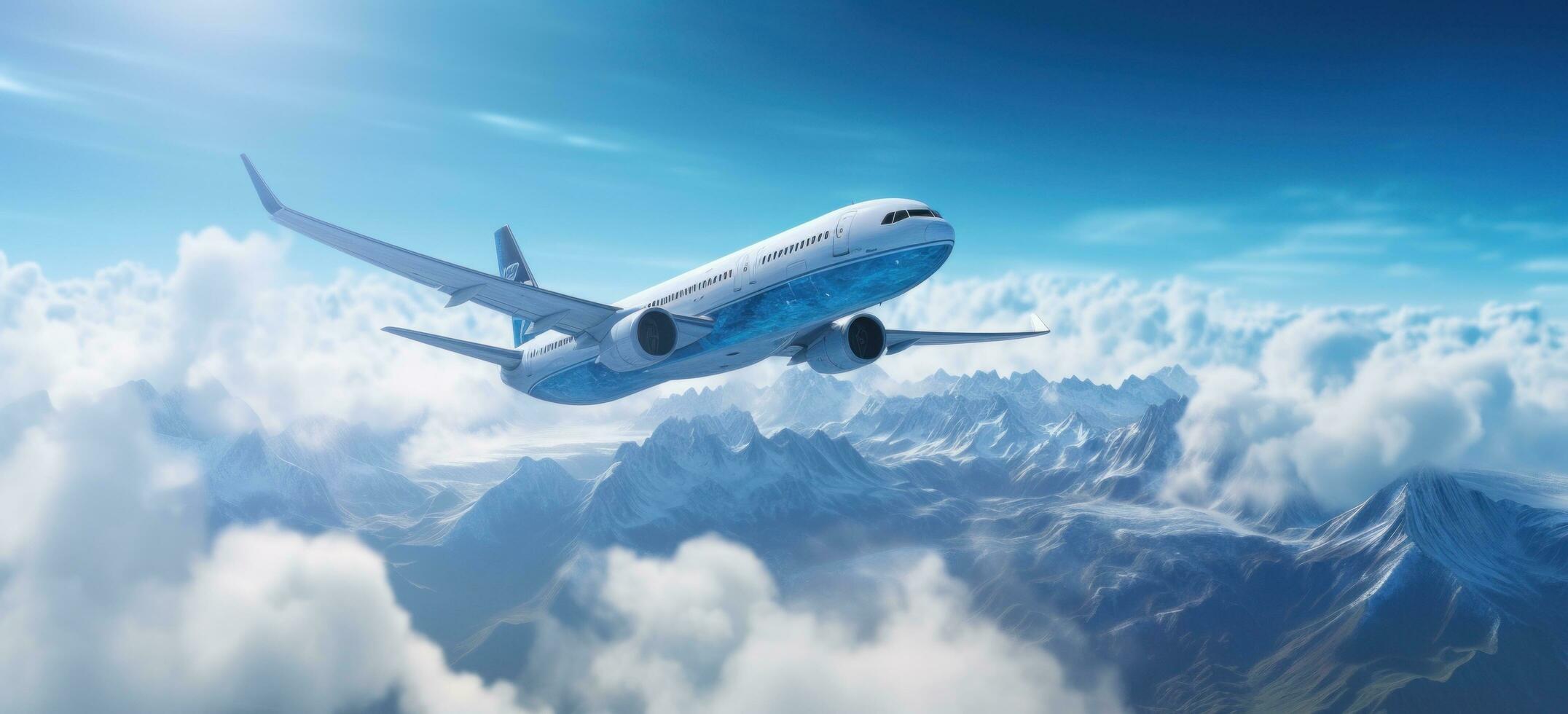 AI generated an airliner in the air above a mountain with clouds photo