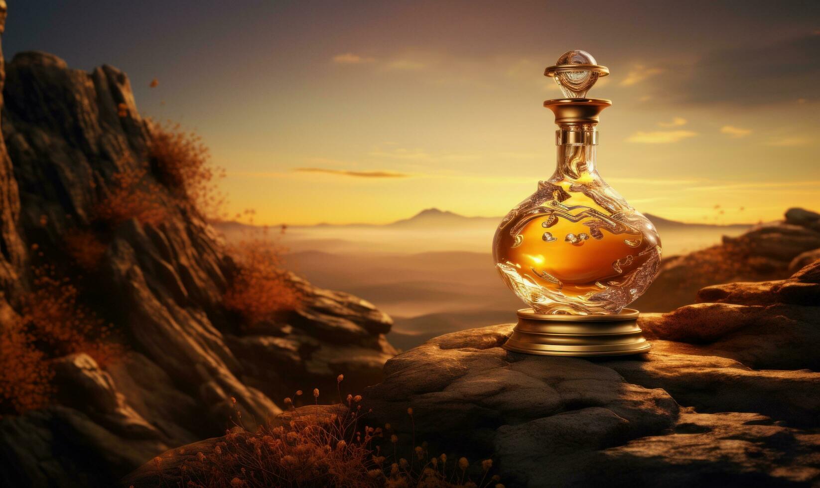 ai generado un opulento dorado botella descansando en un rock a puesta de sol foto