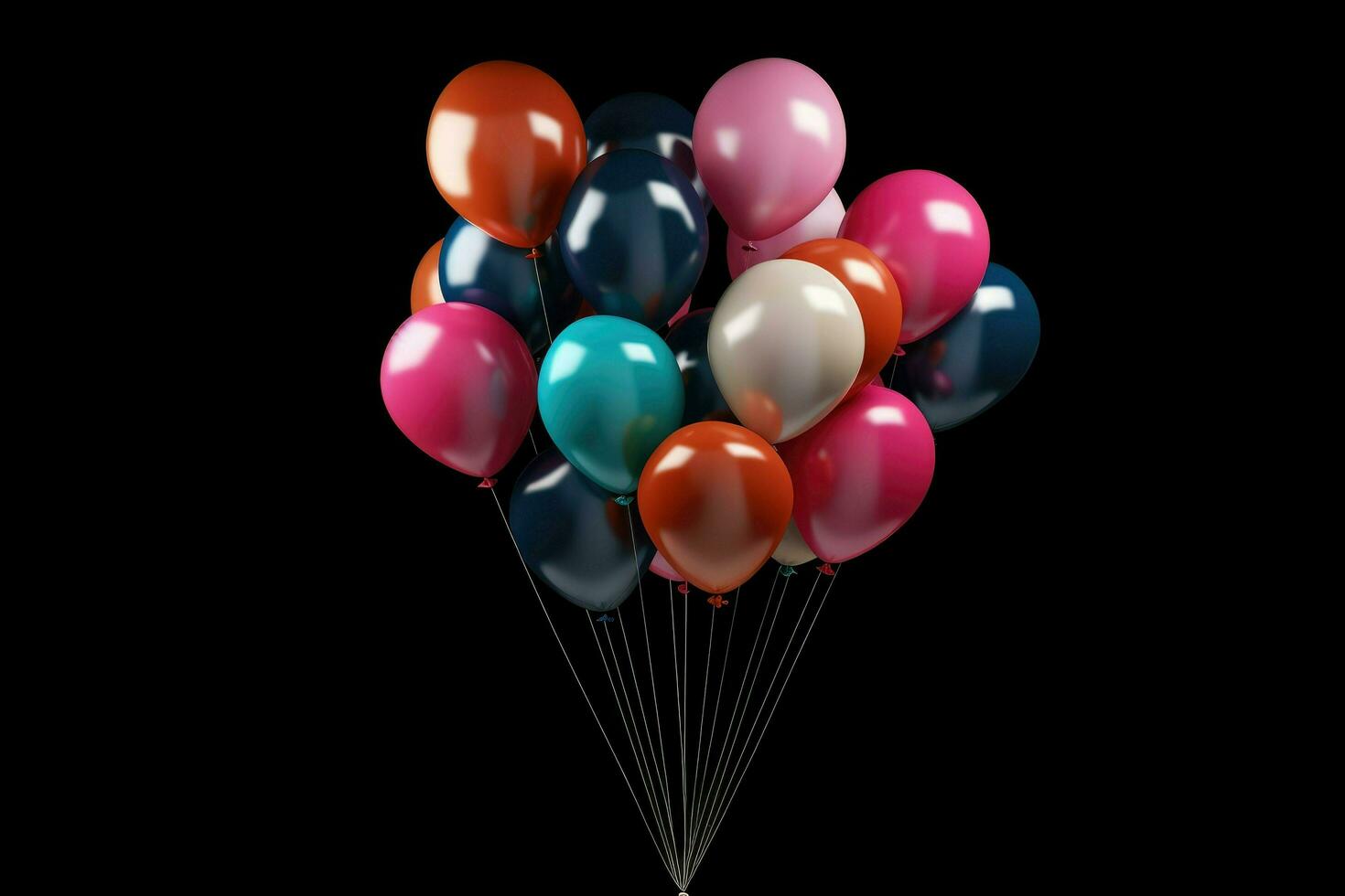 ai generado vistoso globos racimo. celebrar decoración icono multicolor. 3d representación, aislado en negro antecedentes ai generado foto