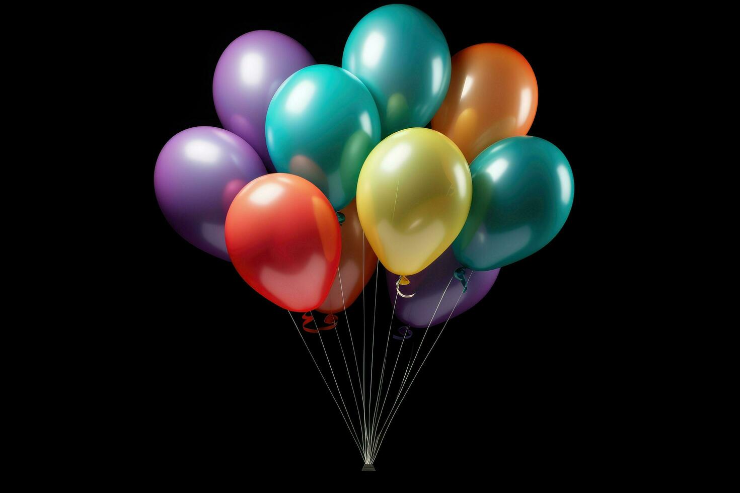 AI generated Colorful balloons bunch. celebrate decoration icon multicolored. 3d rendering, isolated on black background Ai generated photo