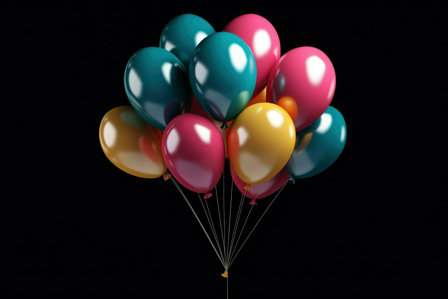 AI generated Colorful balloons bunch. celebrate decoration icon multicolored. 3d rendering, isolated on black background Ai generated photo
