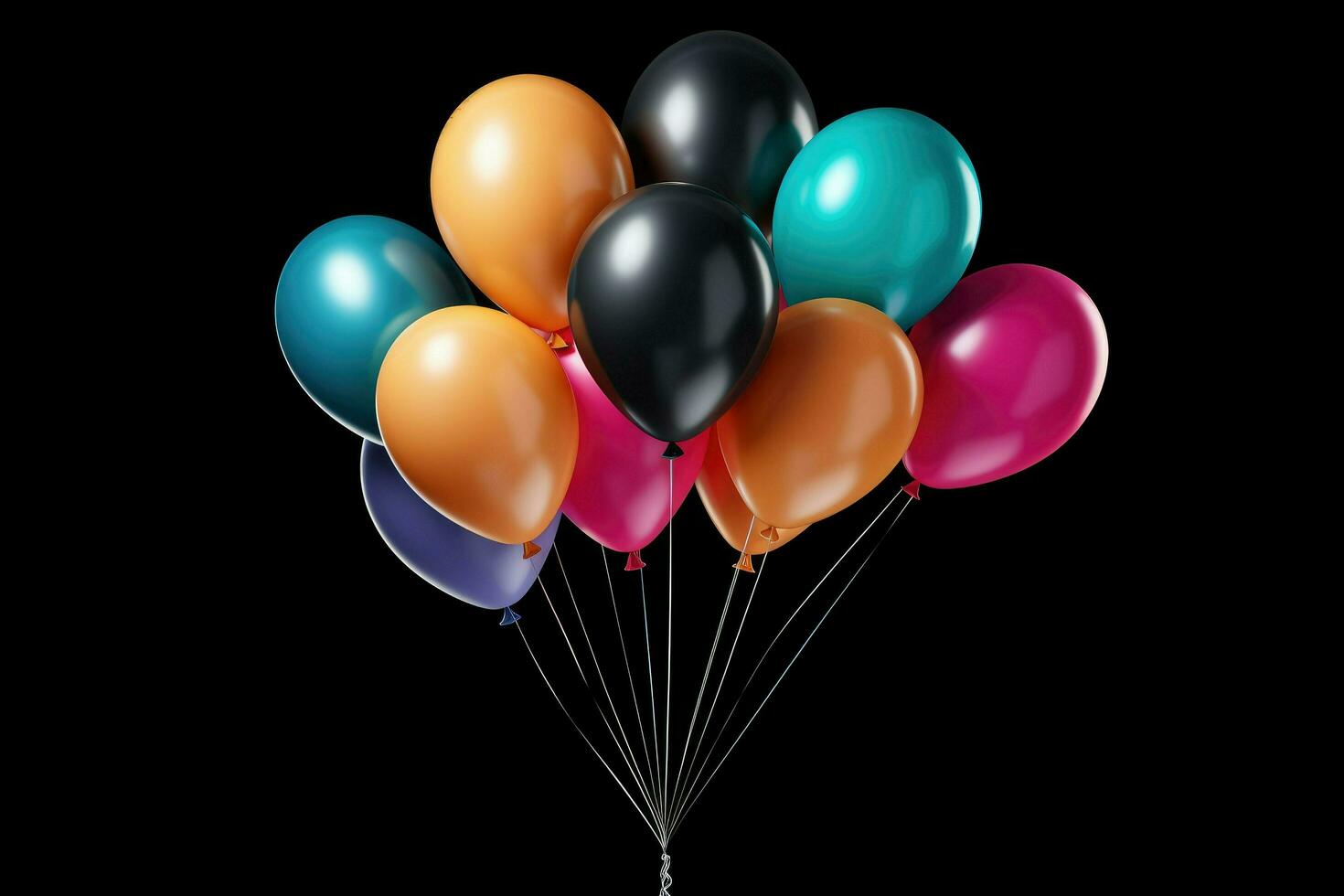 AI generated Colorful balloons bunch. celebrate decoration icon multicolored. 3d rendering, isolated on black background Ai generated photo