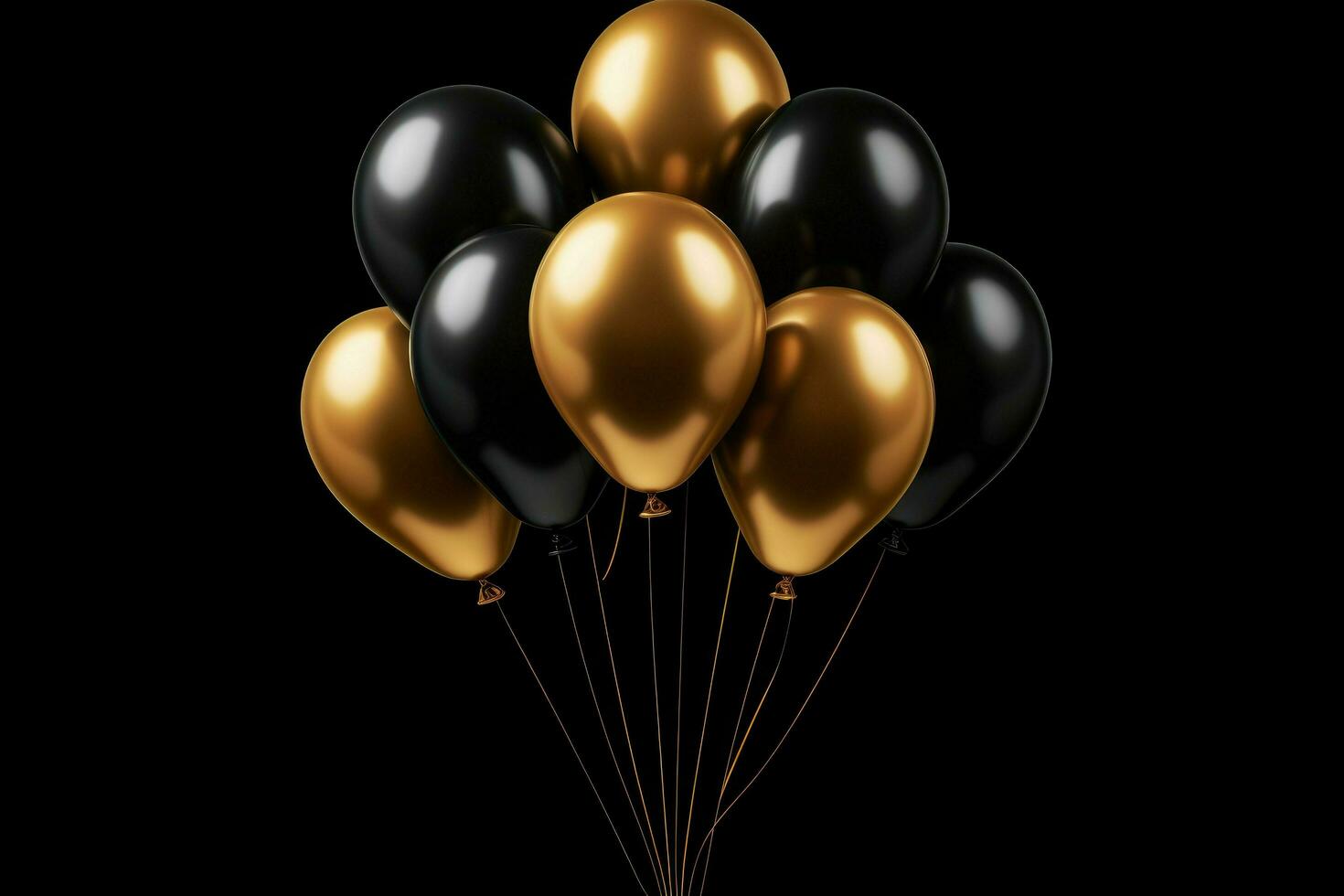 AI generated Balloons bunch. celebrate decoration icon golden and black color balloon. 3d rendering, isolated on black background Ai generated photo