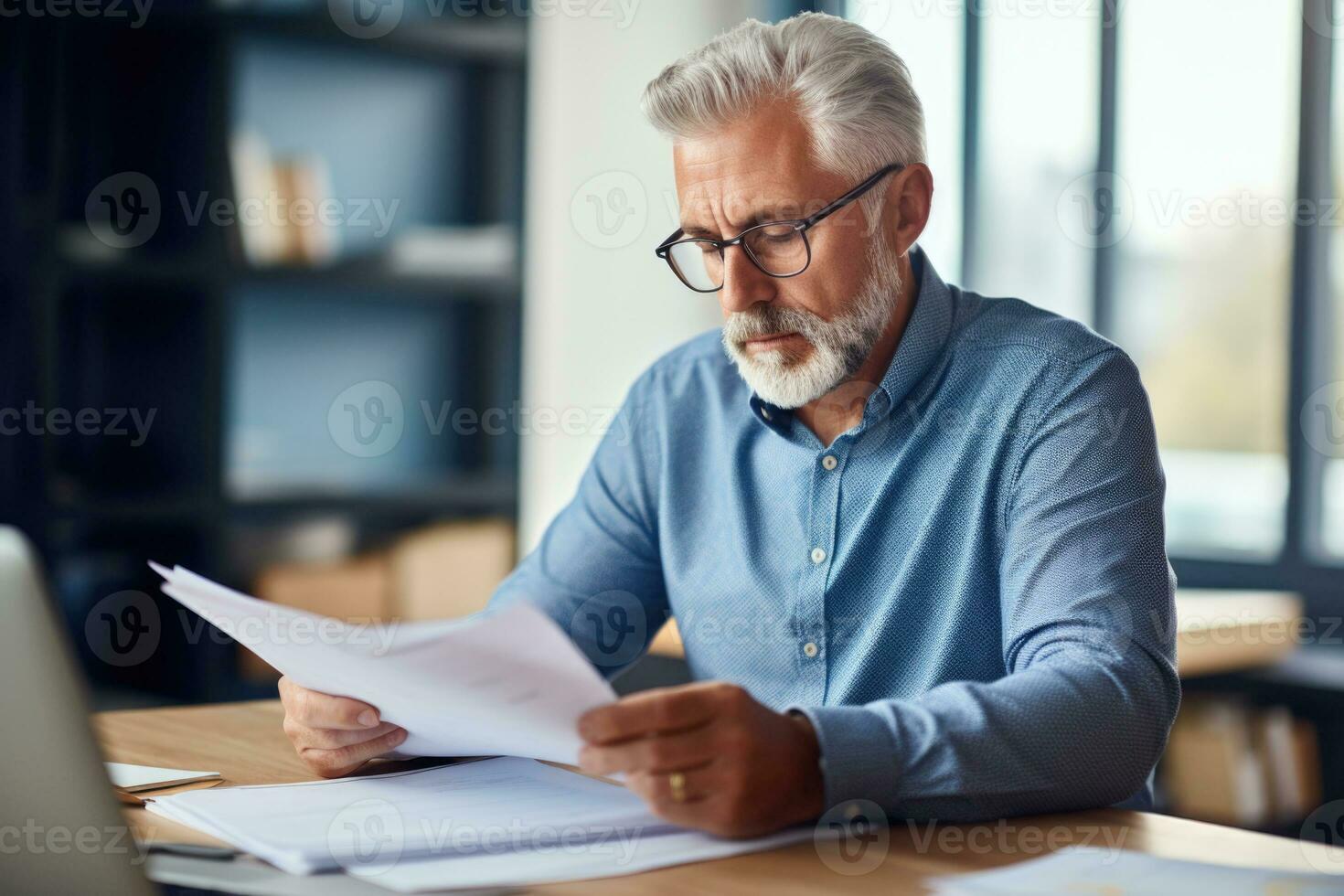 AI generated Man reads paper documents in his office. photo