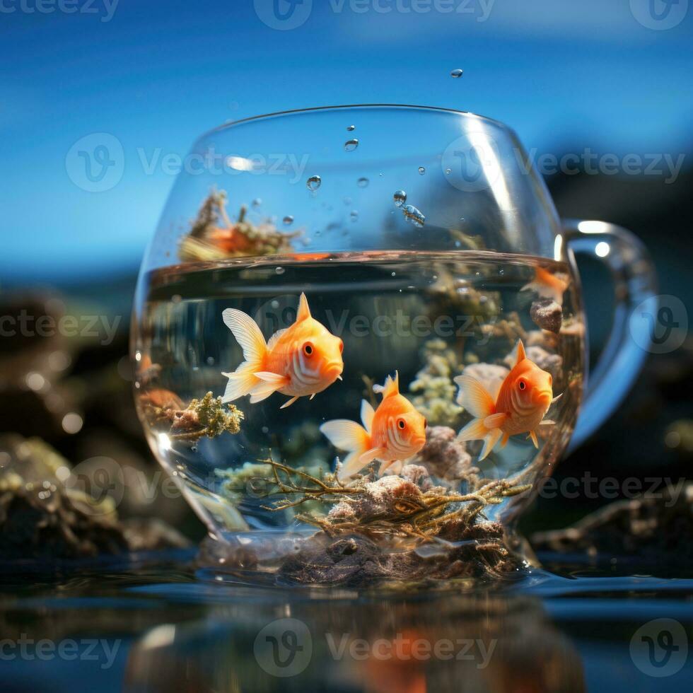 AI generated Realistic Fish in Glass Bowl with High Detail, Water, and Plants Photo Generative AI