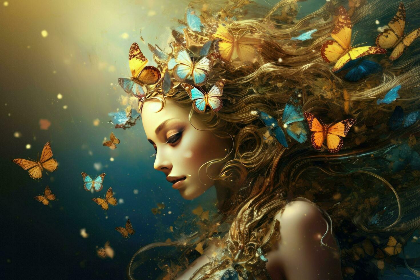 AI generated Beautiful Butterflies girl, Dreamy fantasy magical butterflies, soft light colors wings, Ai Generated photo