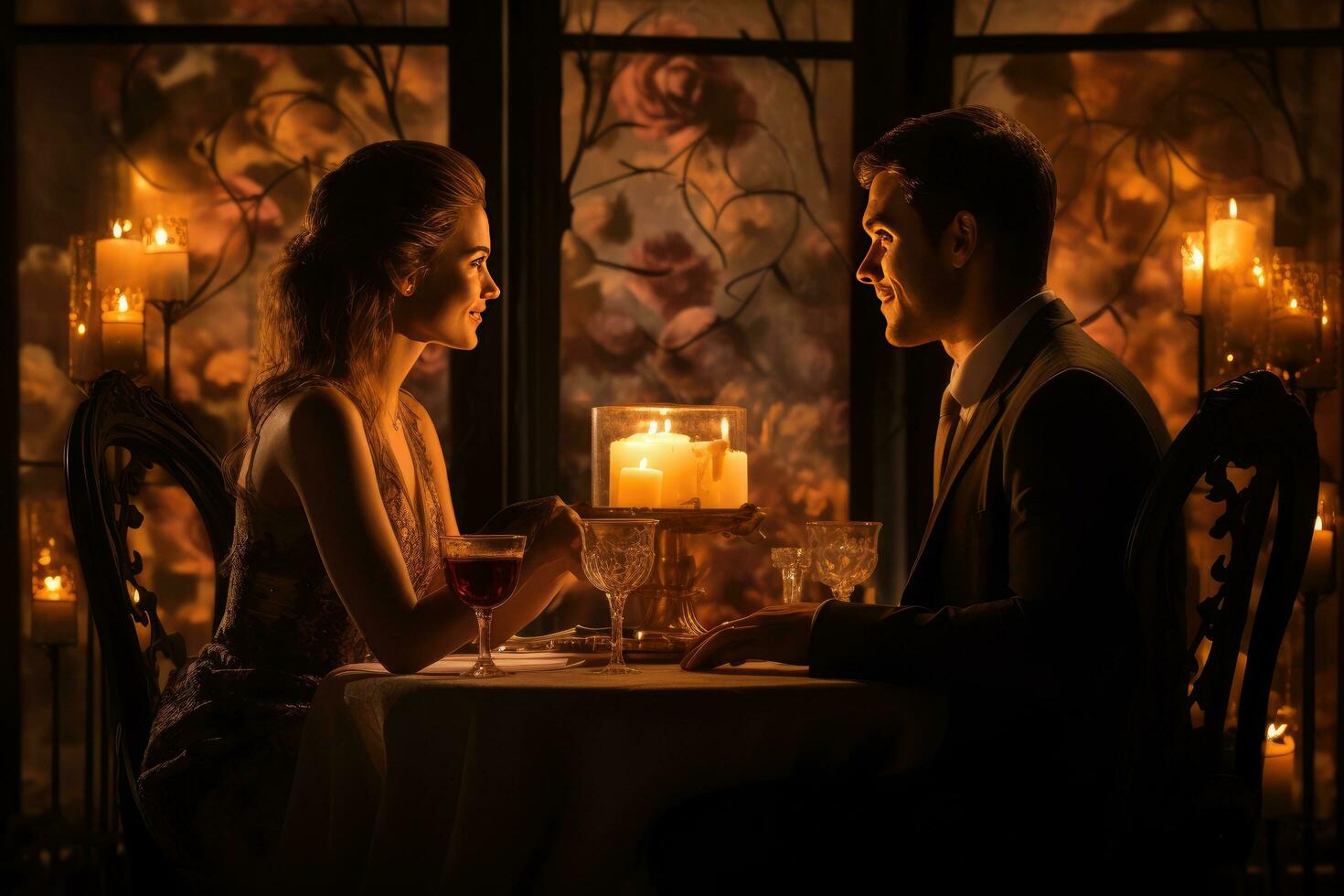 AI generated Happy young couple in candle night dinner having romantic dinner at home, woman making present surprise on candle light date Ai generated photo