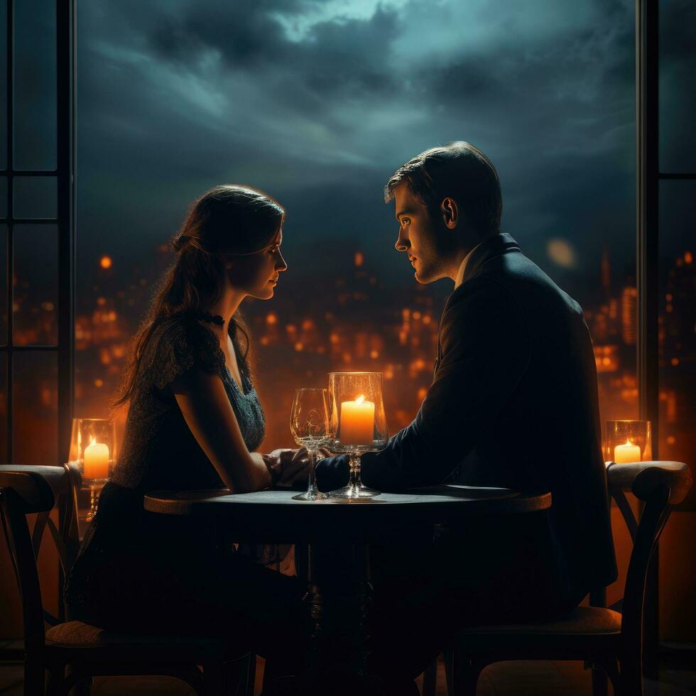 AI generated Happy young couple in candle night dinner having romantic dinner at home, woman making present surprise on candle light date Ai generated photo