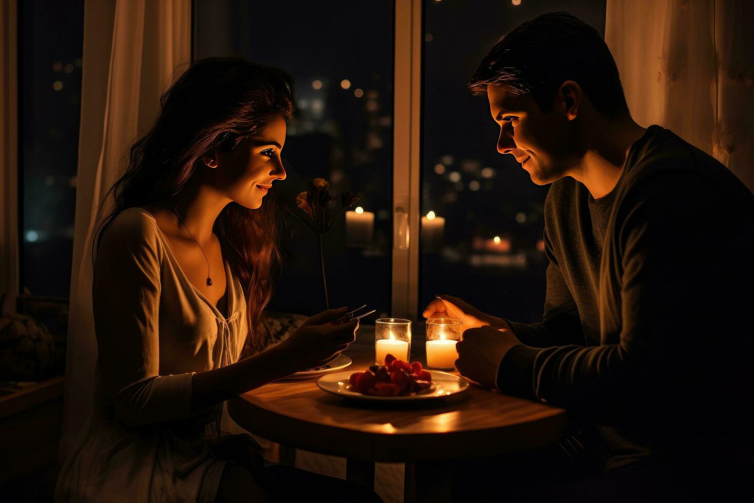 ai generado contento joven Pareja en vela noche cena teniendo romántico cena a hogar, mujer haciendo presente sorpresa en vela ligero fecha ai generado foto