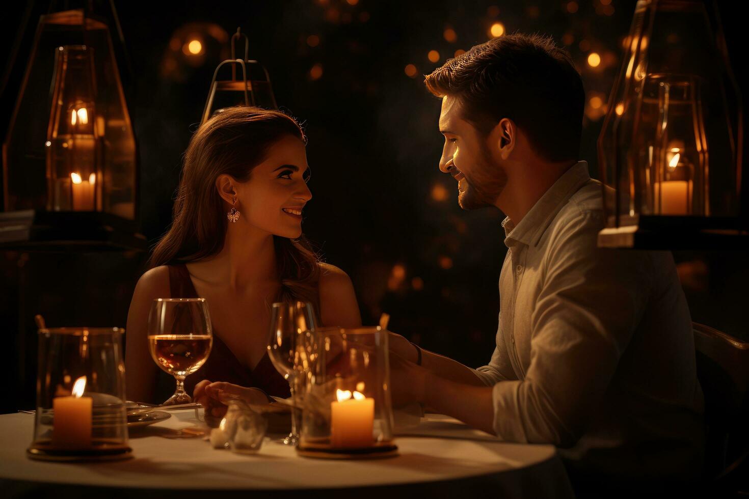 AI generated Happy young couple in candle night dinner having romantic dinner at home, woman making present surprise on candle light date Ai generated photo