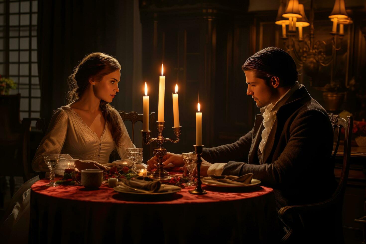 AI generated Happy young couple in candle night dinner having romantic dinner at home, woman making present surprise on candle light date Ai generated photo