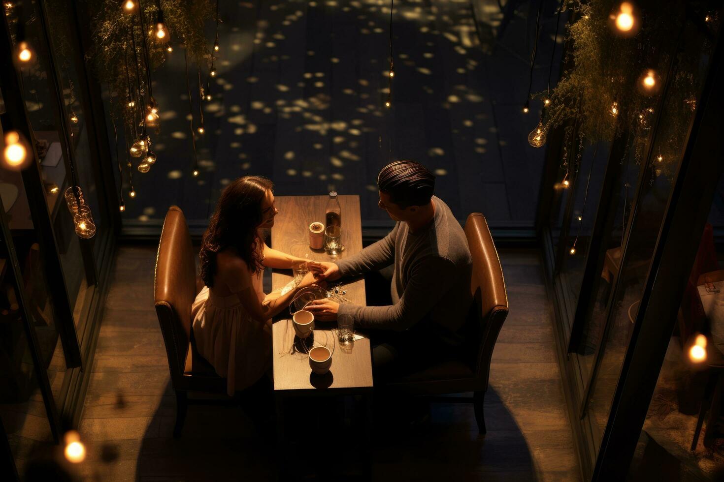 AI generated Top view of candle night dinner having romantic dinner at home, woman making present surprise on candle light date Ai generated photo