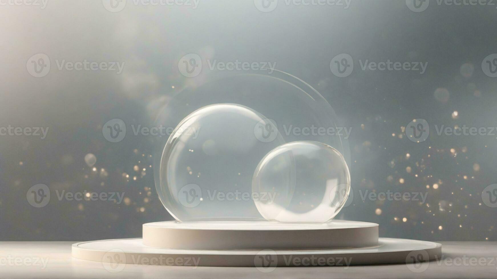 ai generado 3d hacer de un cristal burbuja pelota en un blanco podio con bokeh antecedentes foto