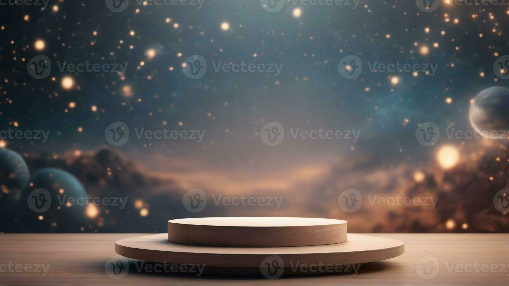 AI generated Wooden podium on the universe galaxy background of the night sky. 3d render photo