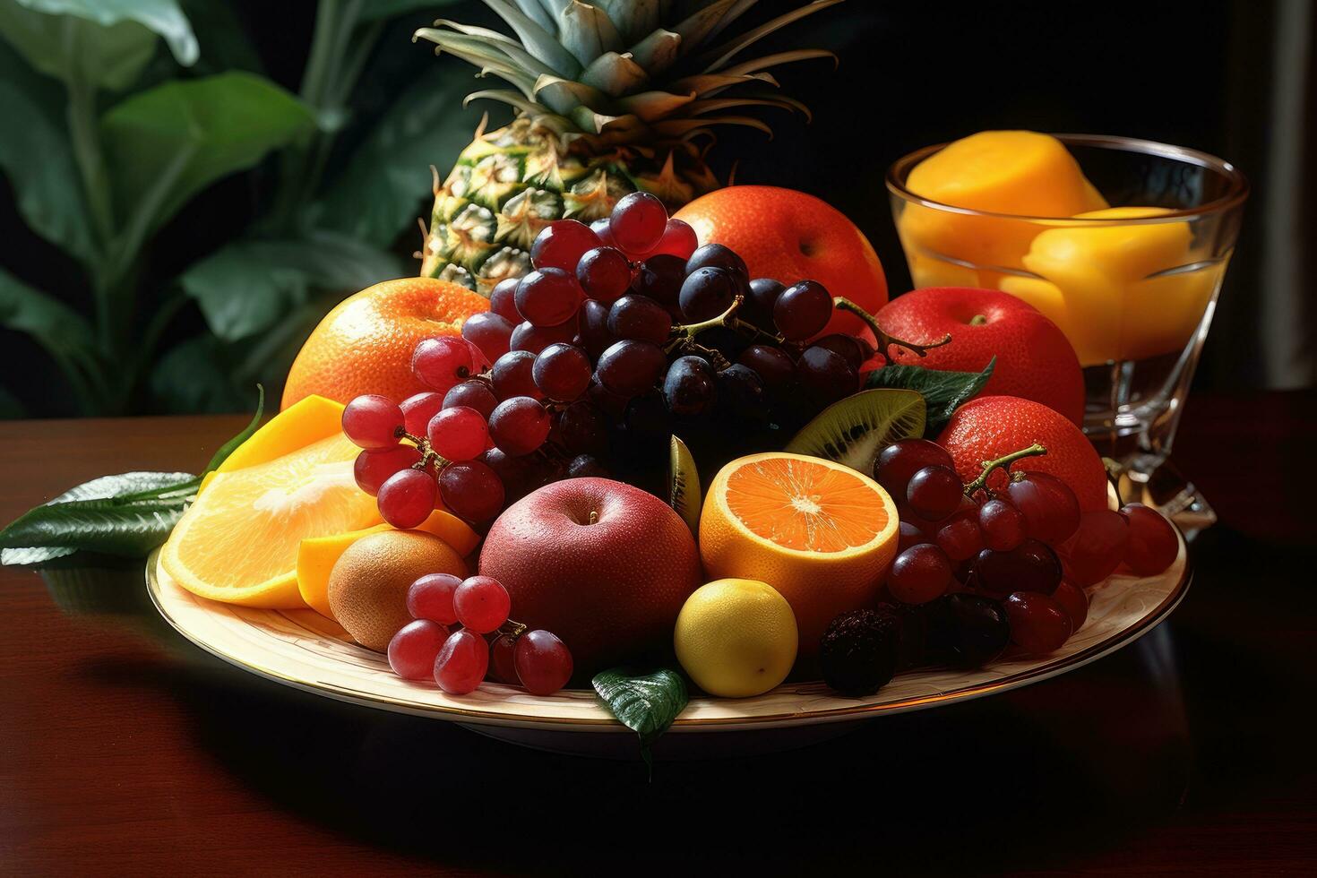 AI generated Fruits on plate, fruits decoration ready to eat, Fresh Fruit Variety on Tray Healthy Eating Diet Food Ai generated photo