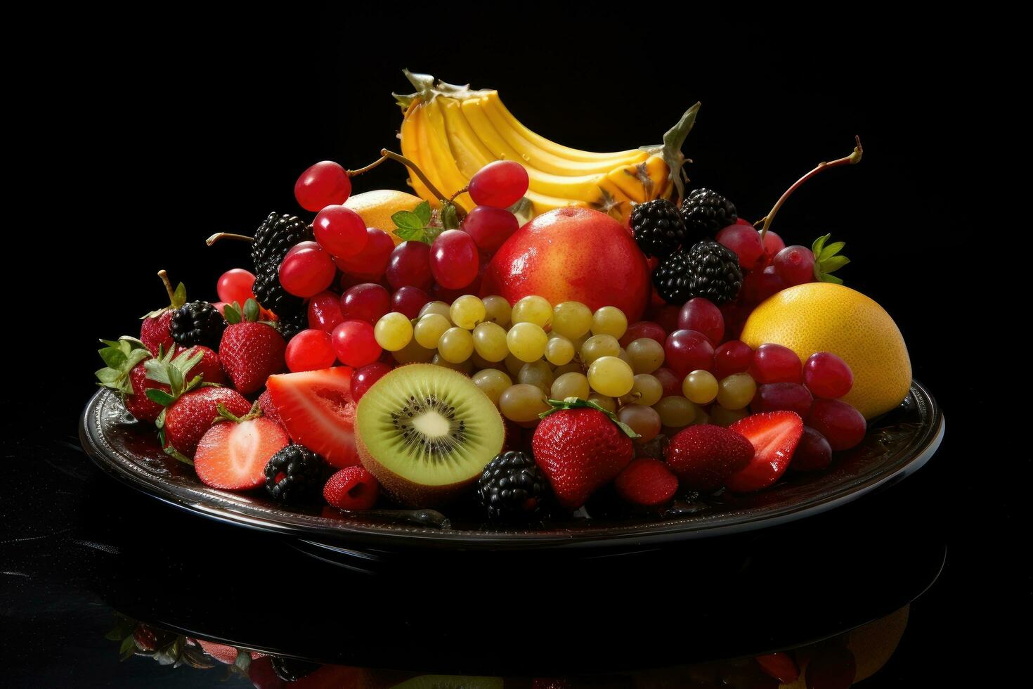 ai generado frutas en lámina, frutas decoración Listo a comer, Fresco Fruta variedad en bandeja sano comiendo dieta comida ai generado foto