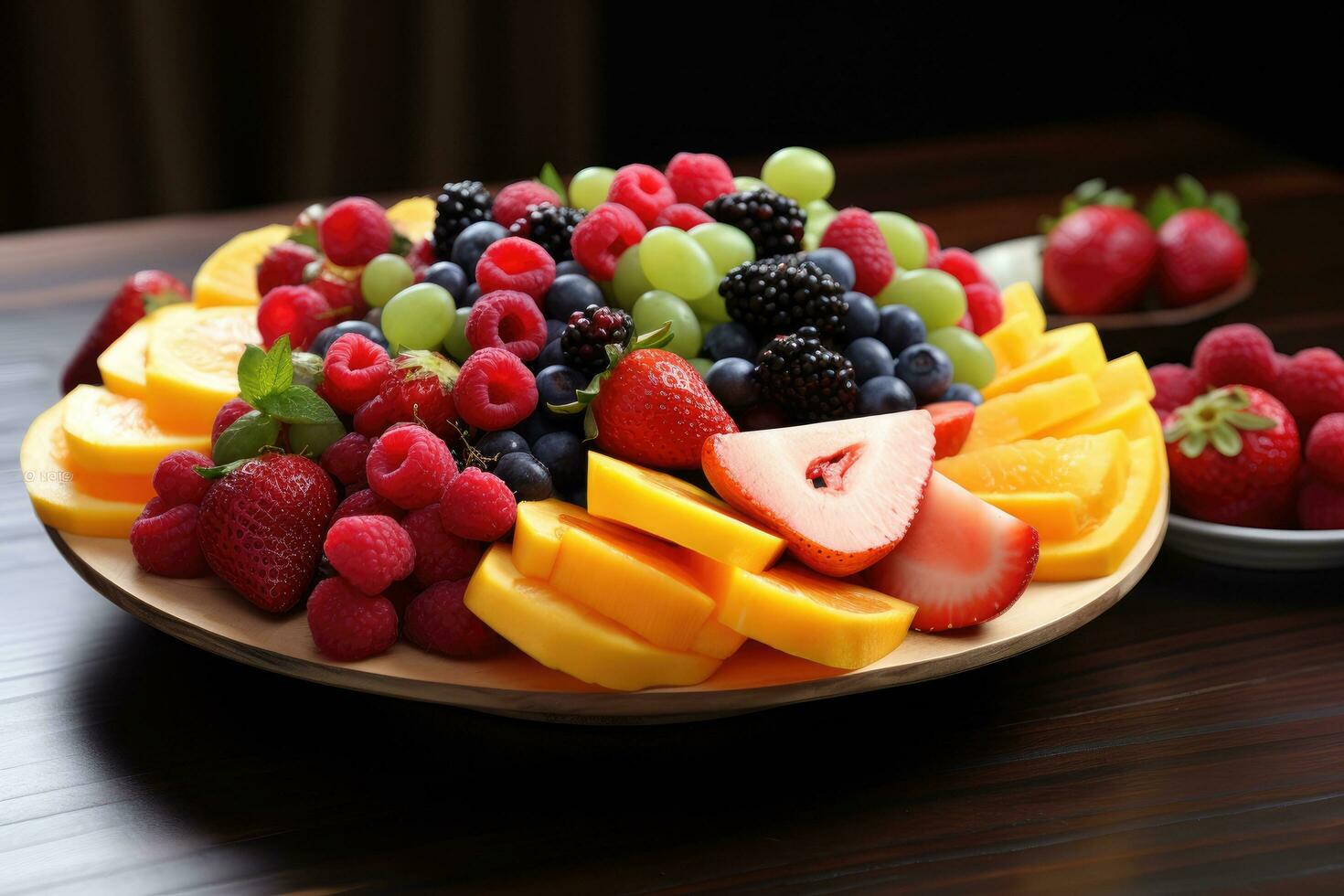 AI generated Fruits on plate, fruits decoration ready to eat, Fresh Fruit Variety on Tray Healthy Eating Diet Food Ai generated photo