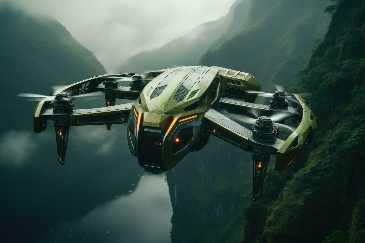 AI generated Futuristic drone flying over the mountain, drone quadcopter with digital camera Ai generated photo