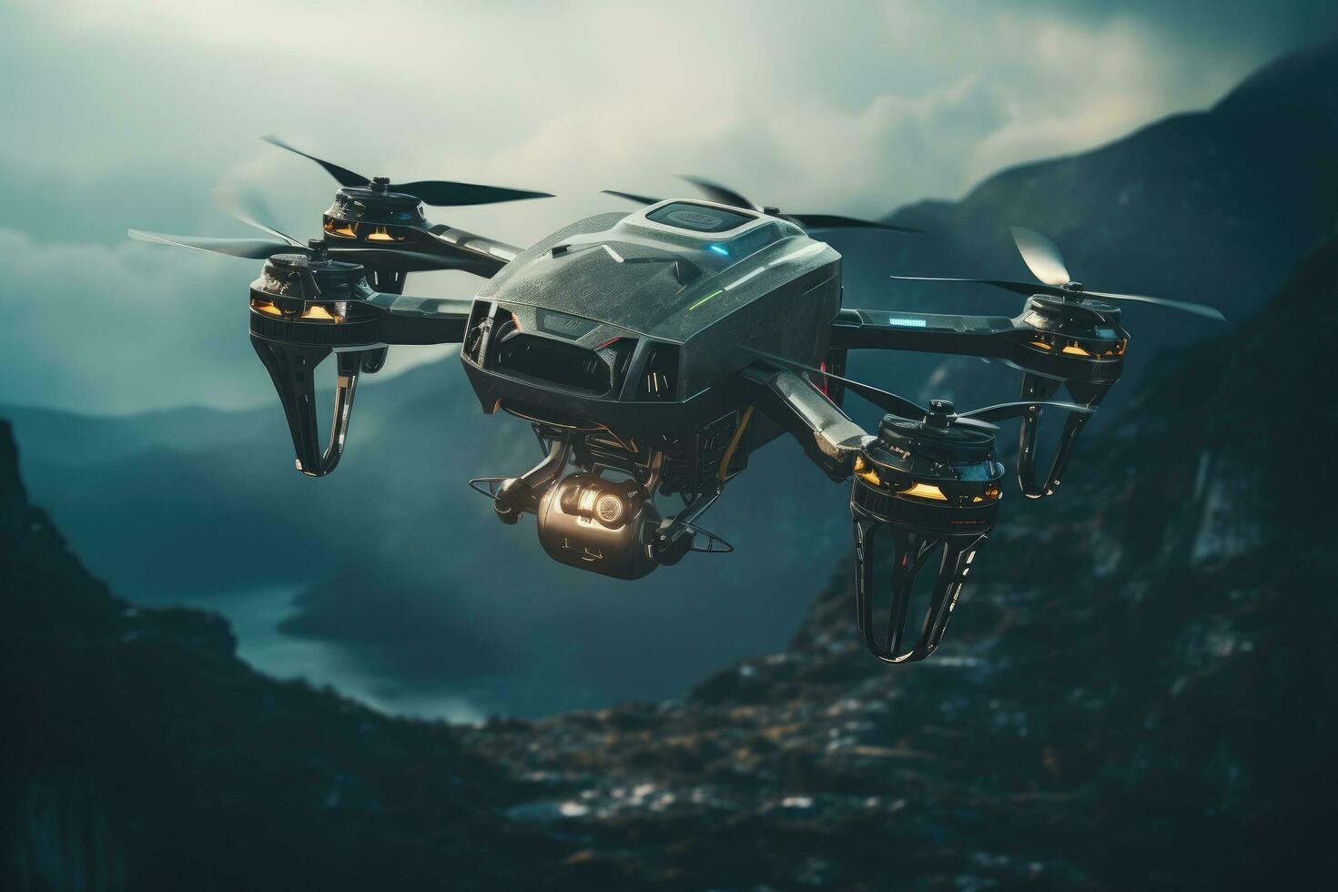 AI generated Futuristic flying over a mountain, drone quadcopter with digital camera Ai generated photo