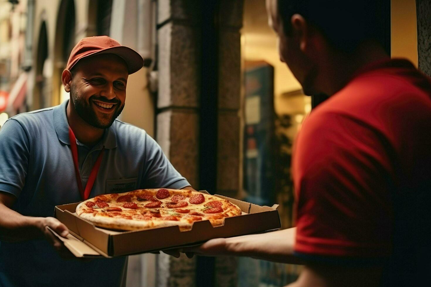 ai generado joven hombre dando Pizza cajas a hombre al aire libre. comida entrega servicio, Pizza para joven hombre a hogar ai generado foto