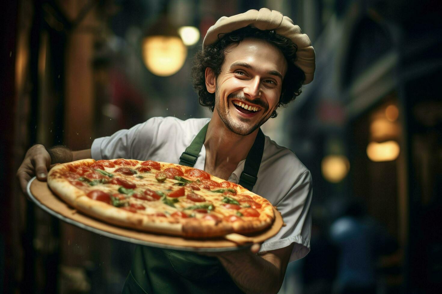 ai generado Pizza entrega hombre Listo a Pizza cajas a cliente. comida entrega servicio, Pizza para joven hombre a hogar ai generado foto